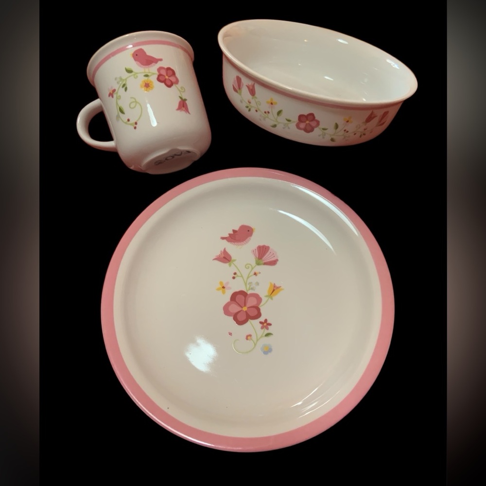 FAO SCHWARZ POSY BABY DISH SET - 3 PCS - PORCELAIN - FLOWERS & BIRD DESIGN new